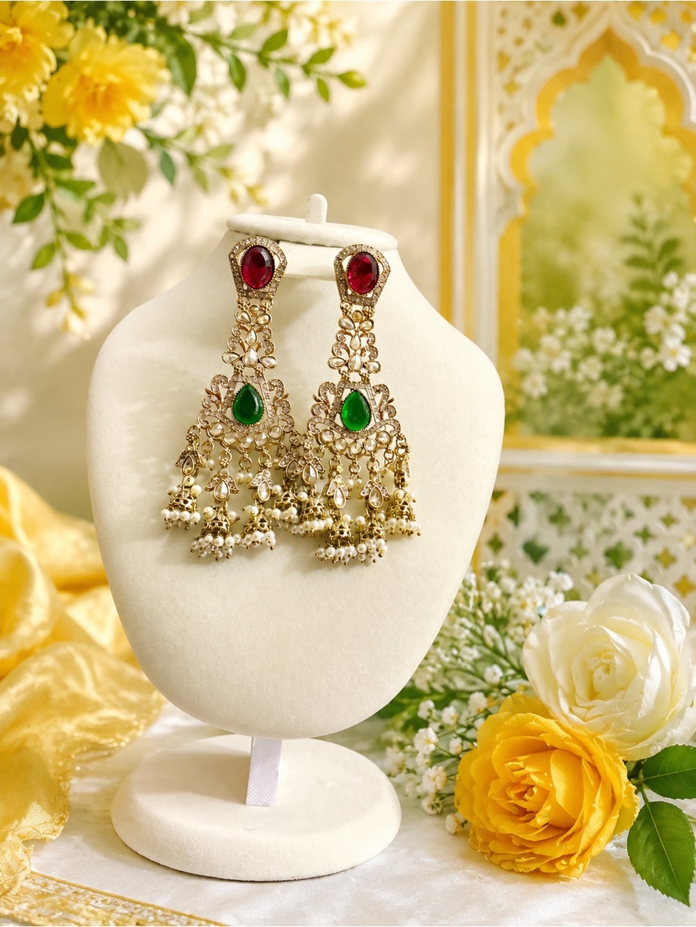 Gold-Tone Green & Red Stone Chandbali Earrings
